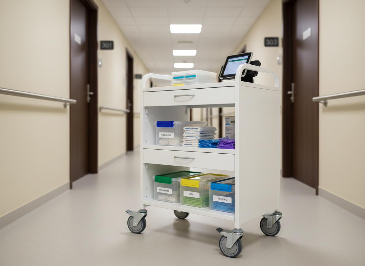 A spotless mobile care trolley with smooth white metal surfaces and silent grey rubber wheels, standing in a wide, well-lit corridor of a modern care facility. The trolley shelves hold color-coded, labeled storage boxes, sterile dressing packs, folded disposable gloves, and a digital tablet docked in a charging stand. The corridor features light beige walls, handrails, and clearly marked door numbers in the soft-focus background. Overhead LED lighting provides even, neutral illumination, creating clear reflections on metal edges without harsh glare. Photographic realism from a slightly low, three-quarter angle emphasizes readiness and mobility, conveying a mood of efficiency, safety, and high-level professional Verzorging IG in institutional settings.