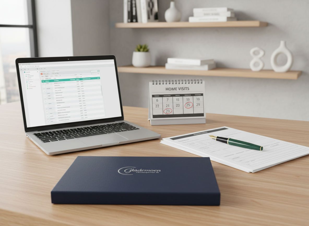 A clean, modern healthcare office desk with a light wood surface, featuring an open laptop displaying a professional care schedule, a tidy stack of intake forms, a fountain pen, and a small calendar marked with home visit appointments. A closed, navy-blue folder embossed with a subtle, elegant logo reading “Glademoen Verzorgende IG” rests prominently in the foreground. The background shows blurred shelves with carefully arranged care books and minimalist decor. Soft, diffused daylight from a side window creates controlled highlights and virtually no harsh shadows. Photographic realism, eye-level composition, with a calm, organized mood that communicates reliability, discretion, and structured care coordination.