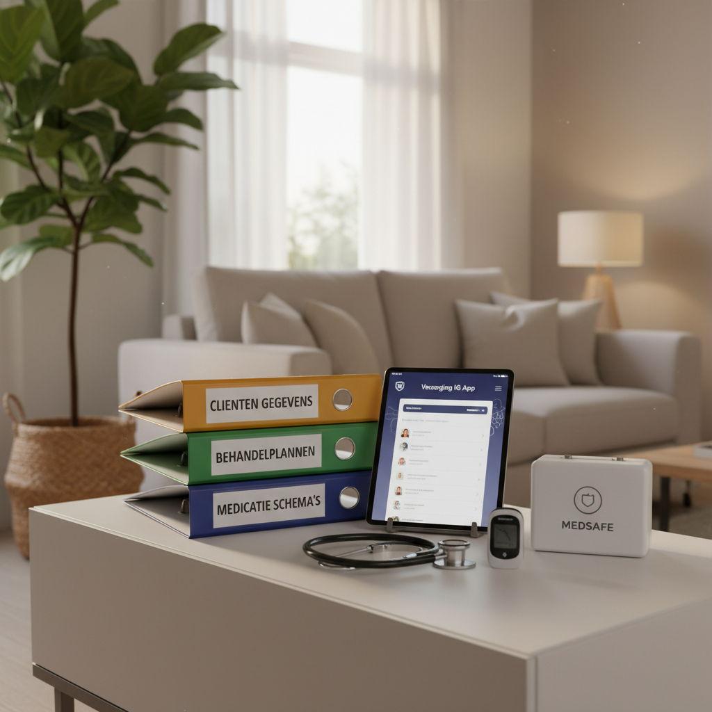 A compact, well-organized in-home care station arranged on a matte white console table, featuring labeled care binders, a tablet displaying a secure care planning app, neatly coiled stethoscope, thermometer, pulse oximeter, and a locked medication box with a subtle logo. Behind it, a softly lit living room with neutral-toned sofa and a large plant creates a homey backdrop. Late afternoon natural light from a nearby window combines with warm ambient lamp light, creating a balanced, inviting glow. Shot in photographic realism from a slightly elevated angle with rule-of-thirds composition, emphasizing order, safety, and professionalism in home-based Verzorging IG.