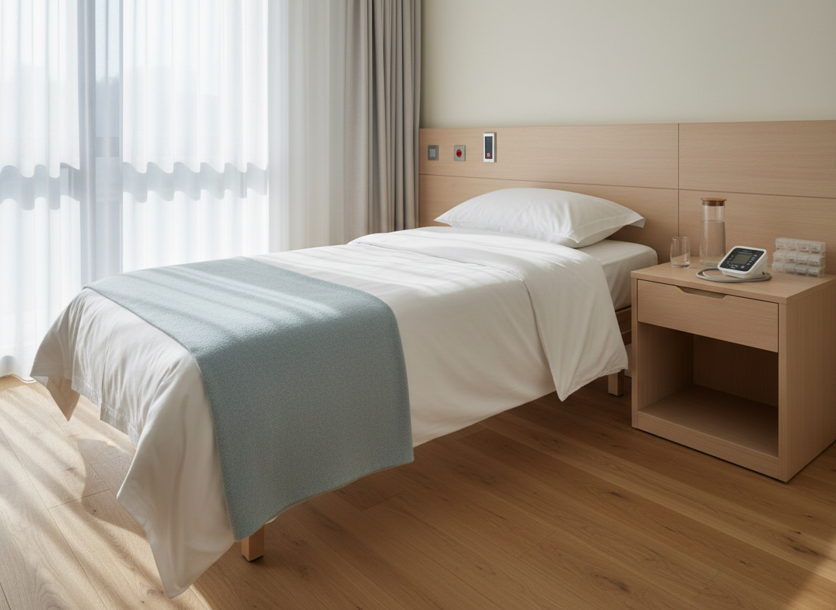 A neatly made single care bed with crisp white linens, a soft pale-blue wool blanket folded at the foot, and a small wooden bedside table holding a glass carafe of water, a digital blood pressure monitor, and neatly arranged medication organizers. The setting is a bright, modern private room with light oak flooring and minimal medical equipment discreetly integrated into the walls. Soft morning daylight filters through sheer white curtains, casting gentle shadows and a calm, hygienic glow. Photographic realism at eye level, with a shallow depth of field that keeps the bed and care tools in sharp focus while the background softly blurs, creating a professional, reassuring, and trustworthy atmosphere.